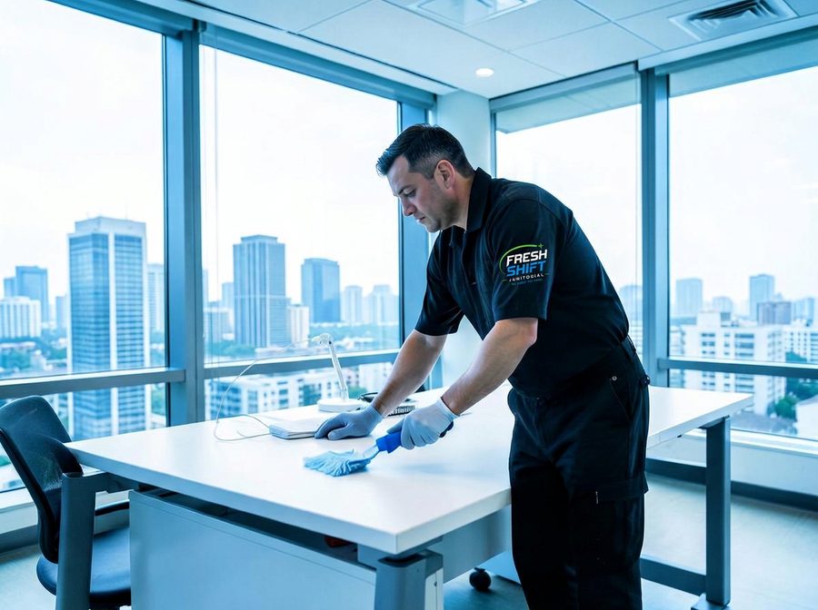 Team member cleaning an office desk
