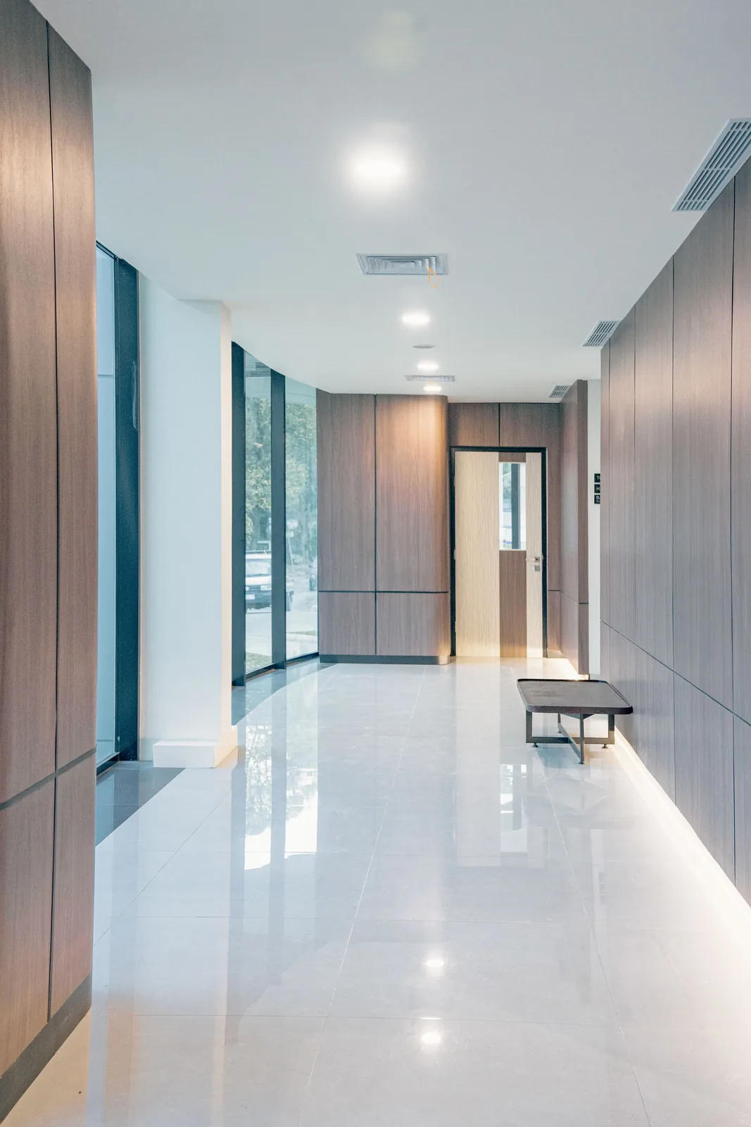Gleaming commercial corridor with polished floor