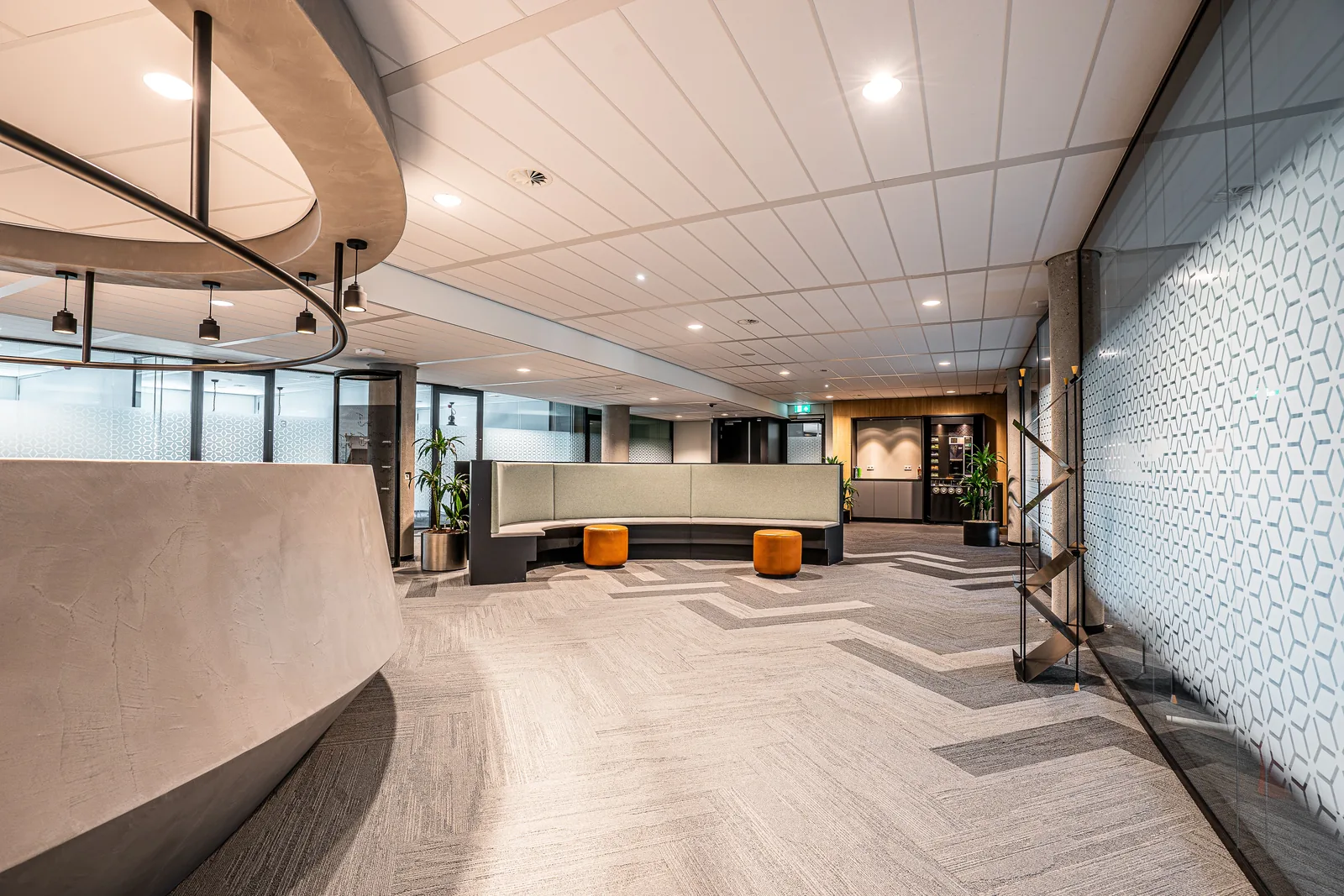 Modern office lobby with lounge seating